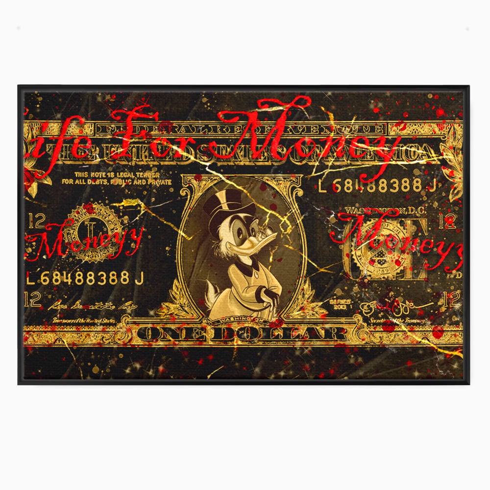 Tablou canvas cu tablou canvas cu donald duck si bancnota de un dolar, in rama de aluminiu negru
